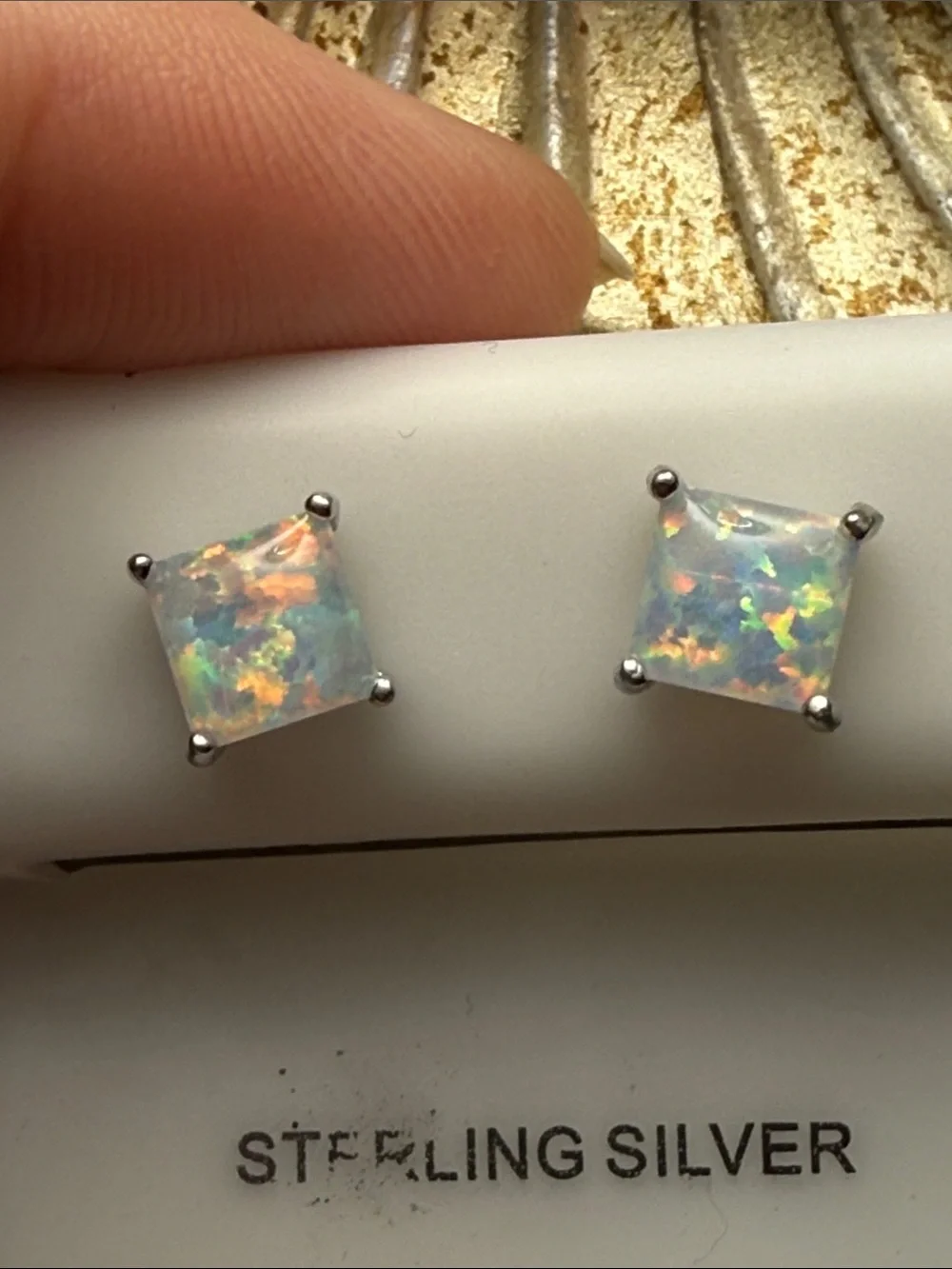 925 Sterling Silver Square White Opal Stud Earrings NEW BEAUTIFUL